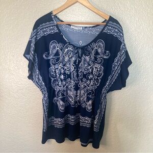Olivia Moon Navy and White Paisley Tie-Front Women's Top